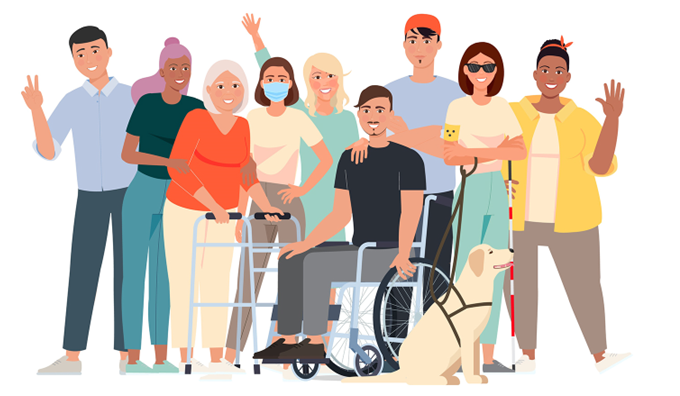 Groupe diversifié de personnes, qui sourient et font un signe de la main